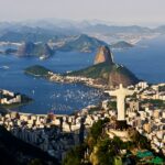 an aerial view of a city and a body of water